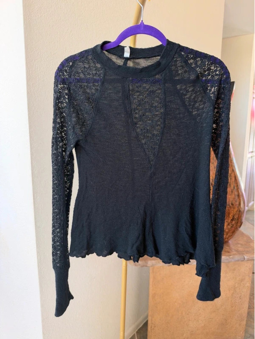 Free People Intimately Sheer Lace Top Long Sleeve Black Blouse Whimsygoth Small